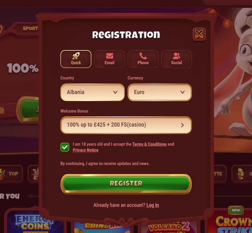 Magius Casino registration form